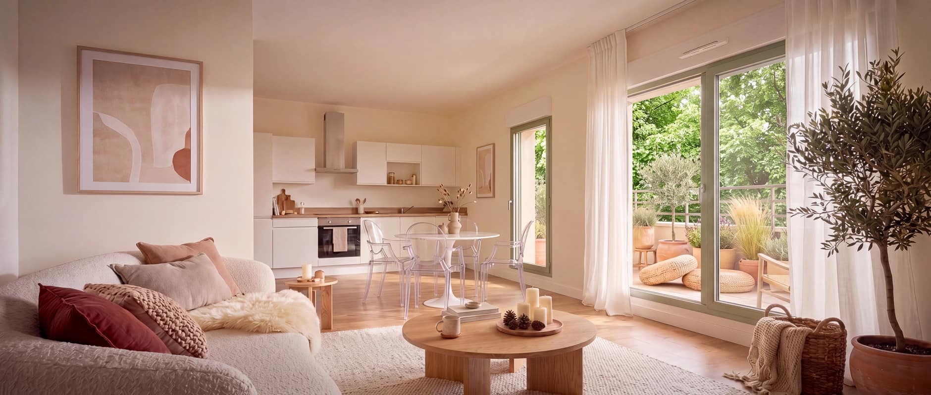 Perspective d’un séjour lumineux de Villa Estran ouvert sur une terrasse arborée